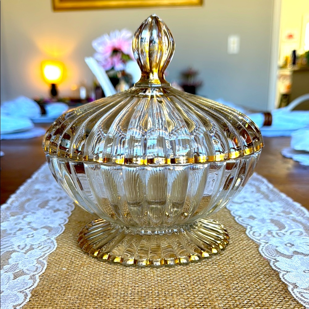 Jeanette Glass Crystal with gold trim accents dish w/ Lid Vintage